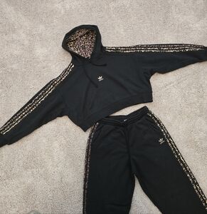 Adidas Cropped Hoodie and Joggers Set, Black with Leopard Print, Women's Medium